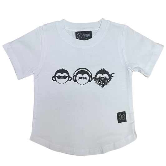 Children's white tee shirt with a graphic design of three monkeys screen printed in black