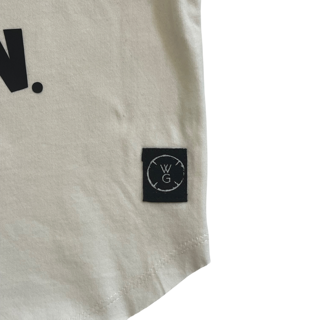 Dope Little Human Curved Hem Long Sleeve T Shirt from Winsome Gentleman Beige Tee black text