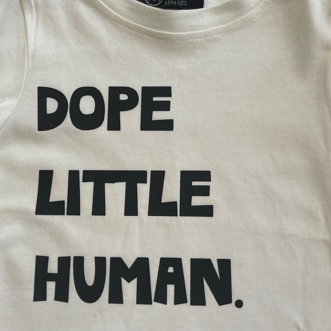 Dope Little Human Curved Hem Long Sleeve T Shirt from Winsome Gentleman Beige Tee black text